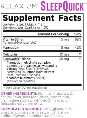 Relaxium Sleep Quick Maximum Strength Melts Fast Acting Sleep Aid With 10 Mg Melatonin Drug Dietary Supplement Vegan Gluten Made In Usa 100 Servings Berry Flavor