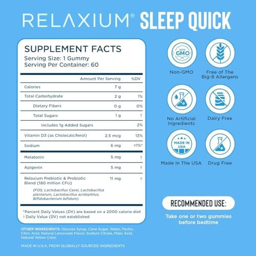 Relaxium Sleepquick Gummies Sleep Aid + Gut Health & Immune Support 5 Mg Melatonin Vitamin D3 + Prebiotic & Probiotic Blend Gluten & Drug Lemon Flavor 60 Gummies