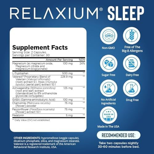 Relaxium Sleep Aid Melatonin With Magnesium Glycinate Valerest & Ashwagandha Nonhabit Forming Sleep Supplement 60 Vegan Capsules 30Day Supply