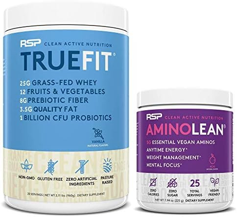 Rsp Nutrition Vegan Aminolean Pre Workout Energy (Acai 25 Servings) With Truefit Protein Powder (Vanilla 2 Lb)