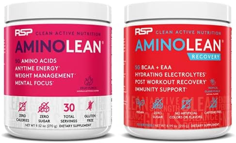 Rsp Nutrition Aminolean Pre Workout Energy (Fruit Punch 30 Servings) With Aminolean Recovery Post Workout Boost (Tropical Island Punch 30 Servings)