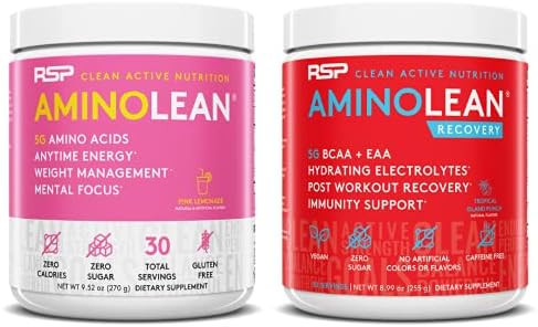 Rsp Nutrition Aminolean Pre Workout Energy (Pink Lemonade 30 Servings) With Aminolean Recovery Post Workout Boost (Tropical Island Punch 30 Servings)