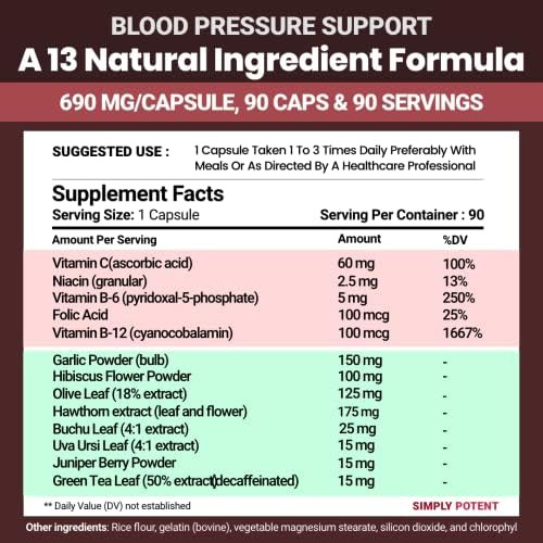 Simply Potent Blood Pressure Support Supplements Healthy Heart Cholesterol Cardio Hypertension High Bp 13 Vitamins & Herbs Folic Acid Vitamins C B6 & B12 Hawthorn Olive Leaf Garlic Hibiscus 90 Capsule