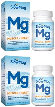 Slowmag Mg Muscle + Heart Supports Muscle Relaxation And Heart Health. Magnesium Chloride + Calcium Slowrelease Tablets Easy To Absorb And Gentle On The Stomach. 60 Count (Pack Of 2)