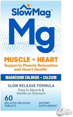 Slowmag Muscle + Heart Magnesium Chloride With Calcium Supplement To Support Muscle Relaxation Occasional Muscle Cramping & Heart Health High Absorption 60 Count