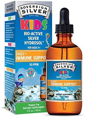 Sovereign Silver Kids Immune Support Colloidal Silver Bioactive Silver Hydrosol 10 Ppm Liquid Dropper 4 Fl Oz (118 Ml)