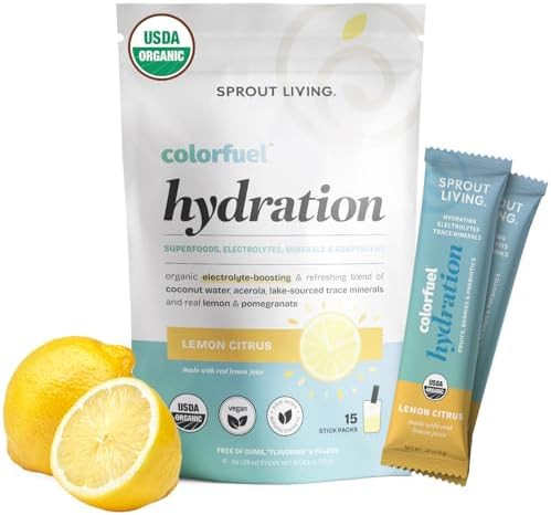 Sprout Living Colorfuel Hydration Powder Drink Mix Organic Superfoods + Adaptogens Hydration & Recovery Electrolytes Himalayan Pink Salt Coconut Water Lemon Citrus Flavor (15 Stick Packs)