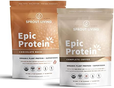 Sprout Living Epic Protein Bundle Chocolate Maca & Complete Coffee (20G Organic Plantbased Protein Powder Vegan Gluten Superfoods) 1Lb 12 Servings