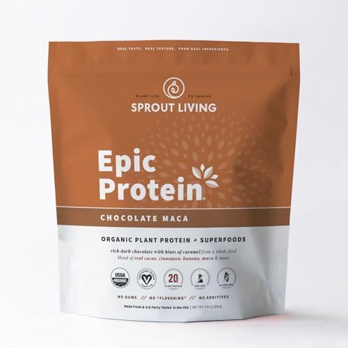 Sprout Living Epic Protein Plant Based Protein & Superfoods Powder Chocolate Maca Powder 20 Grams Organic Protein Powder Vegan Non Dairy Nongmo Gluten Low Sugar (1 Pound 12 Servings)