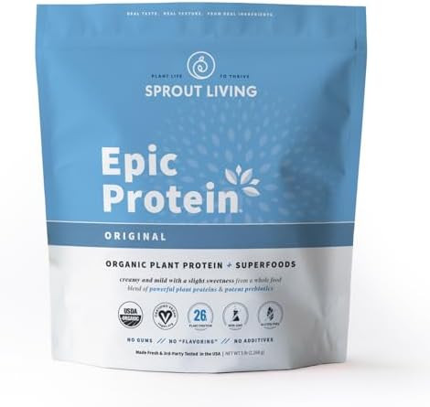Sprout Living Epic Protein Plant Based Protein & Superfoods Powder Chocolate Maca Powder 20 Grams Organic Protein Powder Vegan Non Dairy Nongmo Gluten Low Sugar (1 Pound 12 Servings)