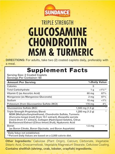 Sundance Glucosamine Chondroitin With Msm And Turmeric 120 Caplets Triple Strength Formula Nongmo & Gluten Supplement