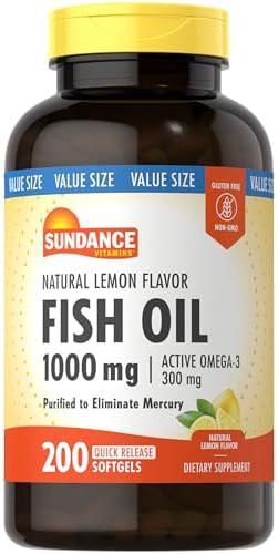Sundance Fish Oil Softgels 1000Mg With Active Omega3 200 Softgels Natural Lemon Flavor Nongmo And Gluten Supplement