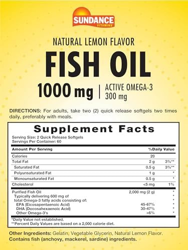 Sundance Fish Oil Softgels 1000Mg 120 Count Purified To Eliminate Mercury With 300Mg Active Omega3 Natural Lemon Flavor Nongmo And Gluten Supplement