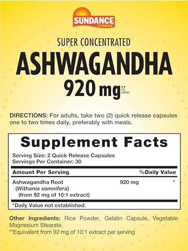 Sundance Ashwagandha 920Mg 60 Capsules Super Concentrated Traditional Ayurvedic Herb Nongmo Gluten Supplement