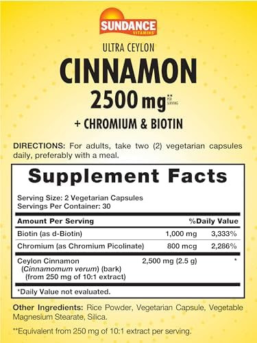 Sundance Ceylon Cinnamon Capsules 2500Mg 60 Pills With Chromium And Biotin Vegetarian Nongmo And Gluten Supplement