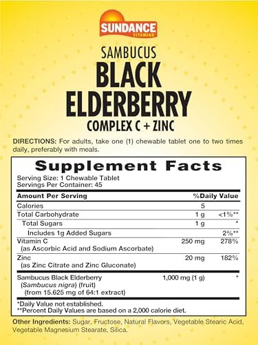 Sundance Sambucus Black Elderberry Complex With Vitamin C And Zinc 45 Chewable Tablets Berry Flavor Vegetarian Nongmo And Gluten Supplement