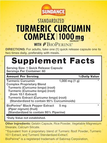 Sundance Turmeric Curcumin Complex 1000Mg 60 Capsules With Bioperine Nongmo And Gluten Supplement