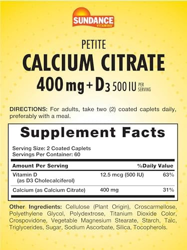 Sundance Calcium Citrate With Vitamin D3 400 Mg 120 Caplets Petite Vegetarian Nongmo & Gluten Supplement