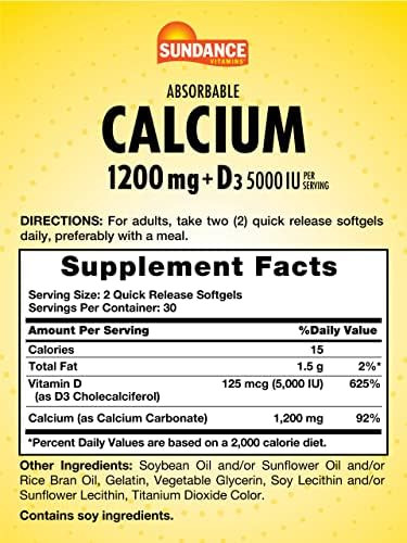 Sundance Calcium 1200 Mg With Vitamin D3 5000 Iu 60 Absorbable Softgels Nongmo & Gluten Supplement