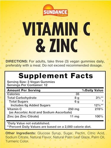 Sundance Vitamin C Gummies With Zinc For Adults 36 Count Lemon Flavor Vegan Nongmo & Gluten Supplement