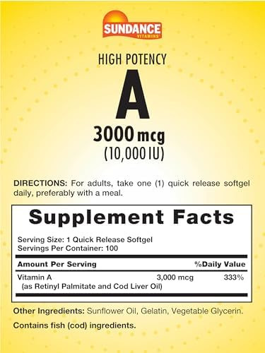 Sundance High Potency Vitamin A Softgels 3000Mcg 100 Count Essential Vitamin Nongmo And Gluten Supplement