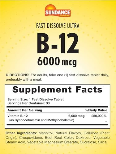 Sundance Fast Dissolve Vitamin B12 6000Mcg 30 Tablets Natural Berry Flavor Vegetarian Nongmo And Gluten Supplement