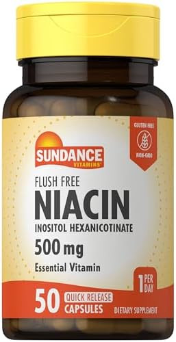 Sundance Flush Niacin 500 Mg 50 Capsules Inositol Hexanicotinate Essential Vitamin Nongmo & Gluten Supplement