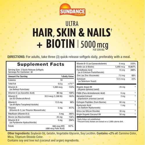 Sundance Hair Skin & Nails Complex 90 Softgels With Biotin 5000Mcg Nongmo And Gluten Vitamin Supplement