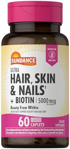 Sundance Hair Skin & Nails Vitamins 5000Mcg 60 Coated Caplets With Biotin And Collagen Nongmo & Gluten Supplement