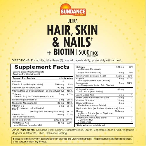 Sundance Hair Skin & Nails Vitamins 5000Mcg 60 Coated Caplets With Biotin And Collagen Nongmo & Gluten Supplement
