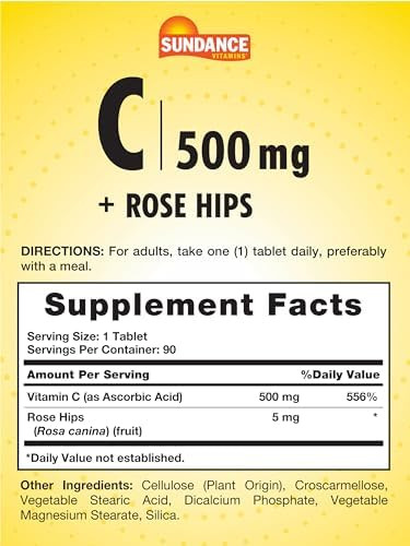 Sundance Vitamin C With Rose Hips 500Mg 90 Vegetarian Tablets Essential Vitamin Vegetarian Nongmo And Gluten Supplement