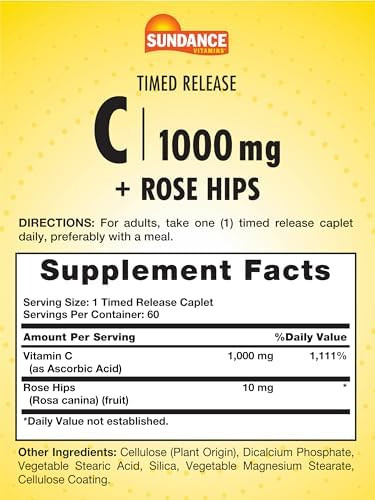 Sundance Vitamin C 1000Mg With Rose Hips 60 Coated Caplets Timed Release Vegetarian Nongmo And Gluten Supplement