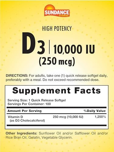 Sundance Vitamin D3 10000 Iu (250 Mcg) 100 Softgels High Potency Formula Nongmo And Gluten Supplement