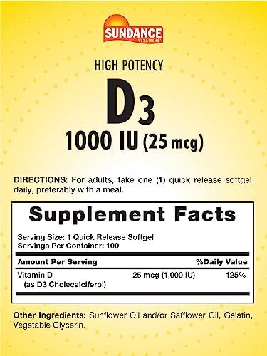 Sundance Vitamin D3 1000Iu 100 Softgels High Potency Formula Nongmo And Gluten Supplement