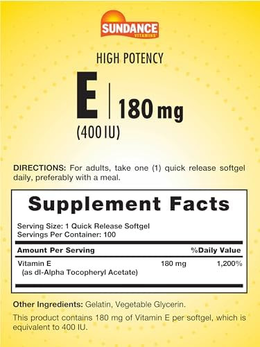 Sundance Vitamin E 180Mg (400 Iu) 100 Quick Release Softgels High Potency Formula Nongmo And Gluten Supplement