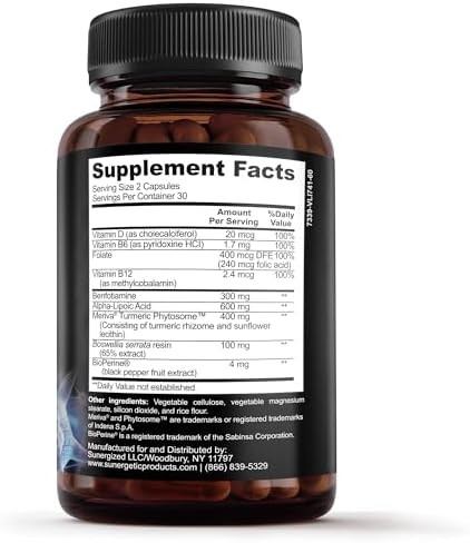 Sunergetic Premium Sciatic Nerve Support Formula Sciatic Nerve Supplement With Benfotaimine Alpha Lipoic Acid (Ala) & Meriva Turmeric Supports Sciatic Nerve Health & Joint Comfort 60 Capsules