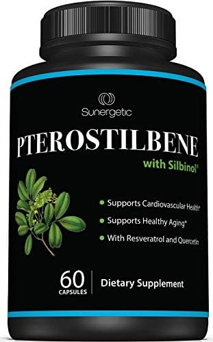 Sunergetic Premium Pterostilbene Supplement “ Pterostilbene With Resveratrol & Quercetin “ Supports Healthy Aging “ Natural Source Pterostilbene 100Mg Per Serving “ 60 Capsules