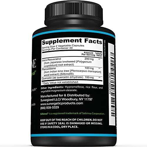 Sunergetic Premium Pterostilbene Supplement “ Pterostilbene With Resveratrol & Quercetin “ Supports Healthy Aging “ Natural Source Pterostilbene 100Mg Per Serving “ 60 Capsules