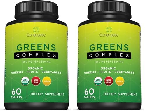 Sunergetic Premium Usda Organic Greens Superfood Tablets “ Greens Superfood Powder Includes Veggies Fruits & Polyphenols “ Daily Greens Superfood Powder Supplement“ 60 Greens Tablets