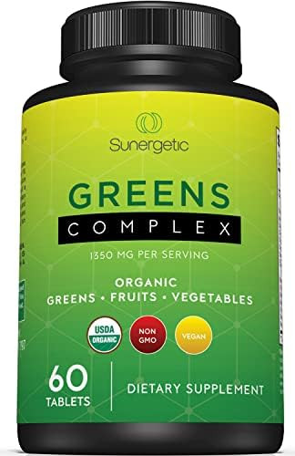 Sunergetic Premium Usda Organic Greens Superfood Tablets “ Greens Superfood Powder Includes Veggies Fruits & Polyphenols “ Daily Greens Superfood Powder Supplement“ 60 Greens Tablets