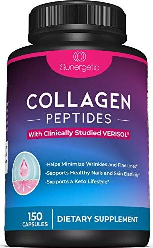 Sunergetic Premium Collagen Peptides Capsules “ 2500 Mg Of Verisol Collagen Peptides Type 1 & Type 3 “ Multi Collagen Supplement To Support Joint Health Hair Skin & Nails “ 150 Collagen Capsules