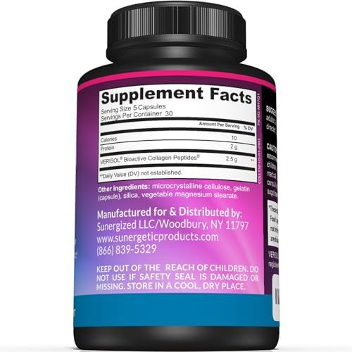Sunergetic Premium Collagen Peptides Capsules “ 2500 Mg Of Verisol Collagen Peptides Type 1 & Type 3 “ Multi Collagen Supplement To Support Joint Health Hair Skin & Nails “ 150 Collagen Capsules