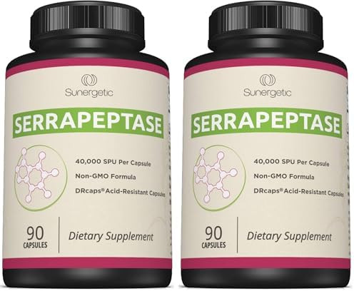 Sunergetic Premium Serrapeptase Enzyme Supplement “ Helps Support Sinus Health “ Powerful Serrapeptase Enzymes Formula “ 40000 Su Per Capsule 90 Enteric Coated Serrapeptase Capsules