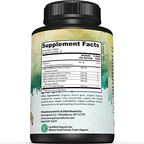 Sunergetic Usda Organic Immune Support Supplement “ Organic Immune Health Supplement With Vitamin C Elderberry Astragalus Oregano Ginger Moringa & Garlic “ Organic Immune System Support 90 Immune Tablets