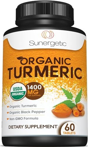 Sunergetic Usda Organic Turmeric Supplement “ Includes Organic Turmeric & Organic Black Pepper “ 1400Mg Of Turmeric Per Serving 180 Count (Pack Of 1)