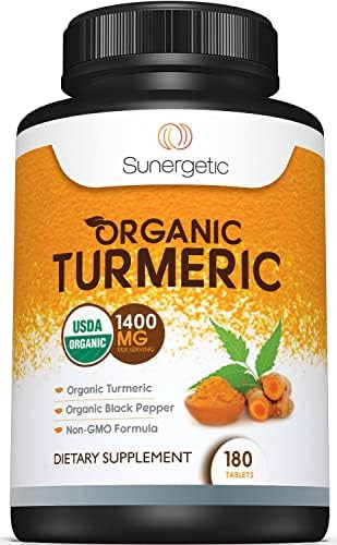 Sunergetic Usda Organic Turmeric Supplement “ Includes Organic Turmeric & Organic Black Pepper “ 1400Mg Of Turmeric Per Serving 60 Count (Pack Of 1)