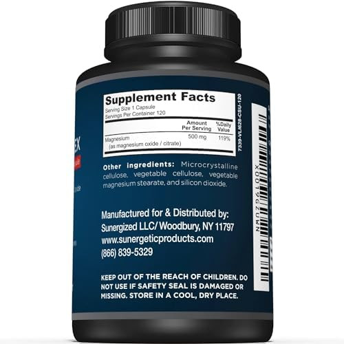 Sunergetic Premium Magnesium Citrate Capsules “ Powerful 500Mg Magnesium Oxide & Citrate Supplement “ Helps Support Healthy Bones Muscles Teeth Energy & Relaxation “ 120 Vegetable Capsules