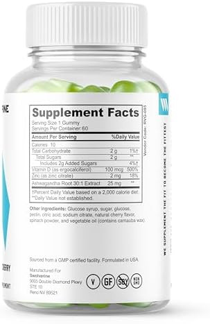 Swolverine Ashwagandha Vitamin Gummies Zinc Vitamin D Relax Sleep Strength Nongmo Vegan Cherry (60 Count)