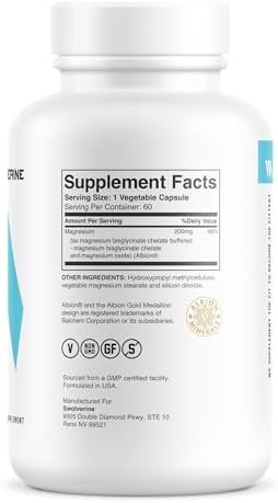 Swolverine Magnesium Bisglycinate 200Mg “ Traacs Chelated Magnesium From Albion Highly Absorbable Gentle On Stomach (60 Servings (Pack Of 1))