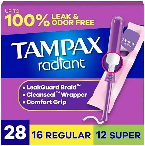 Tampax Radiant Tampons For Women Multipack With Leakguard Braid Regular/Super Absorbency Unscented 84 Count (3 Packs Of 28)
